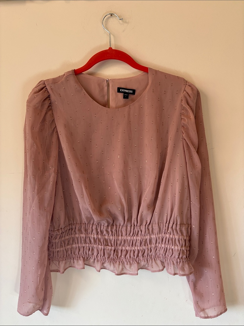 Express Dusty Rose Smocked-Waist Long Sleeve Blouse